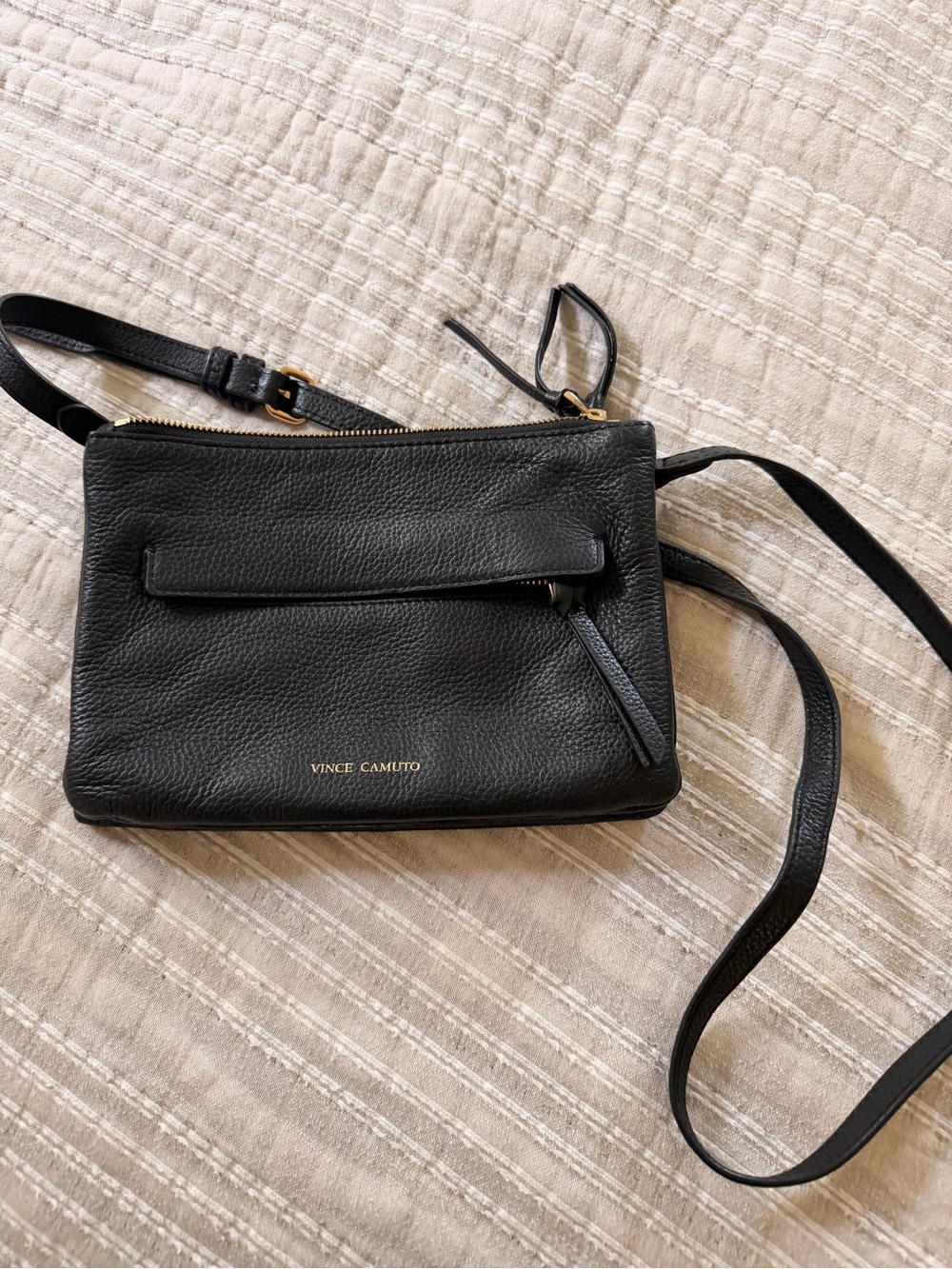 Vince Camuto Pebbled Black Leather Crossbody with Front Zip Pocket